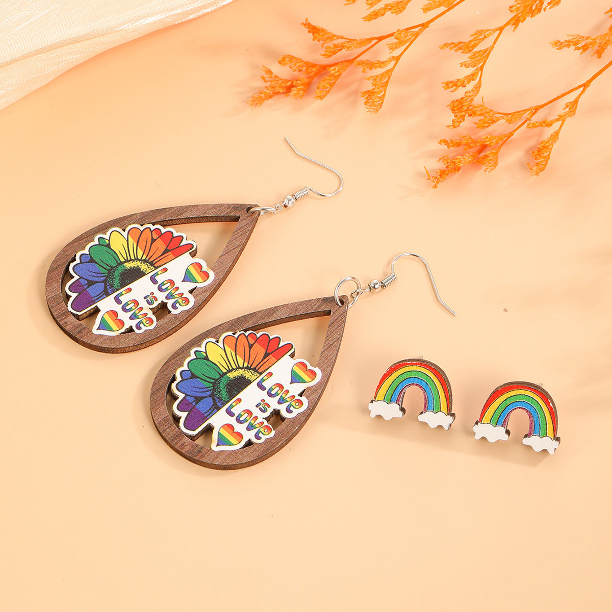 Pendientes de madera de letrero de paz estampado de arco irbow al por mayor